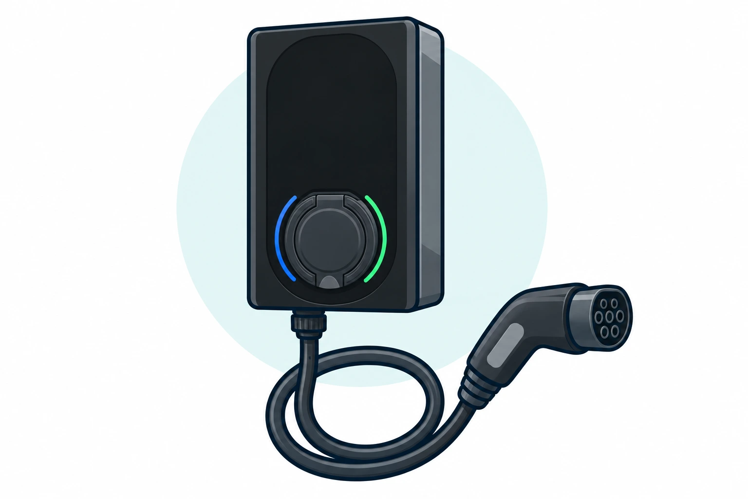 Illustration of the evec PowerPair charger with one front socket and a fixed charging lead