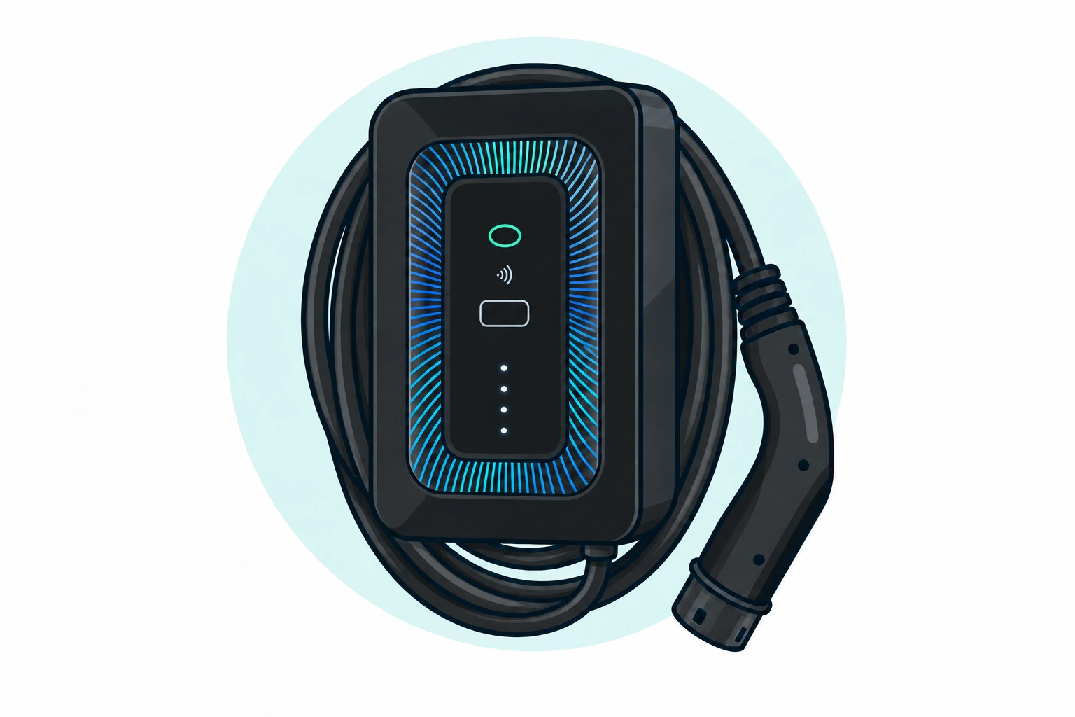 Illustration of the Indra Smart LUX black tethered charger with turbine lighting, boost button and four status lights