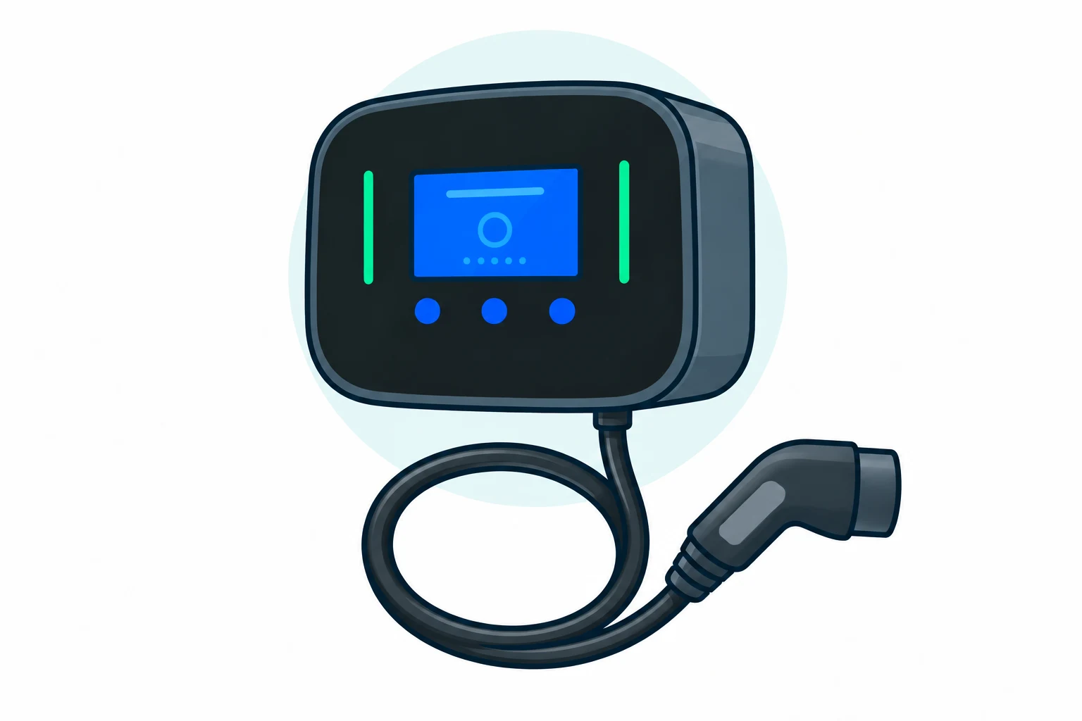 Illustration of the Ohme Home Pro with screen and tethered charging cable