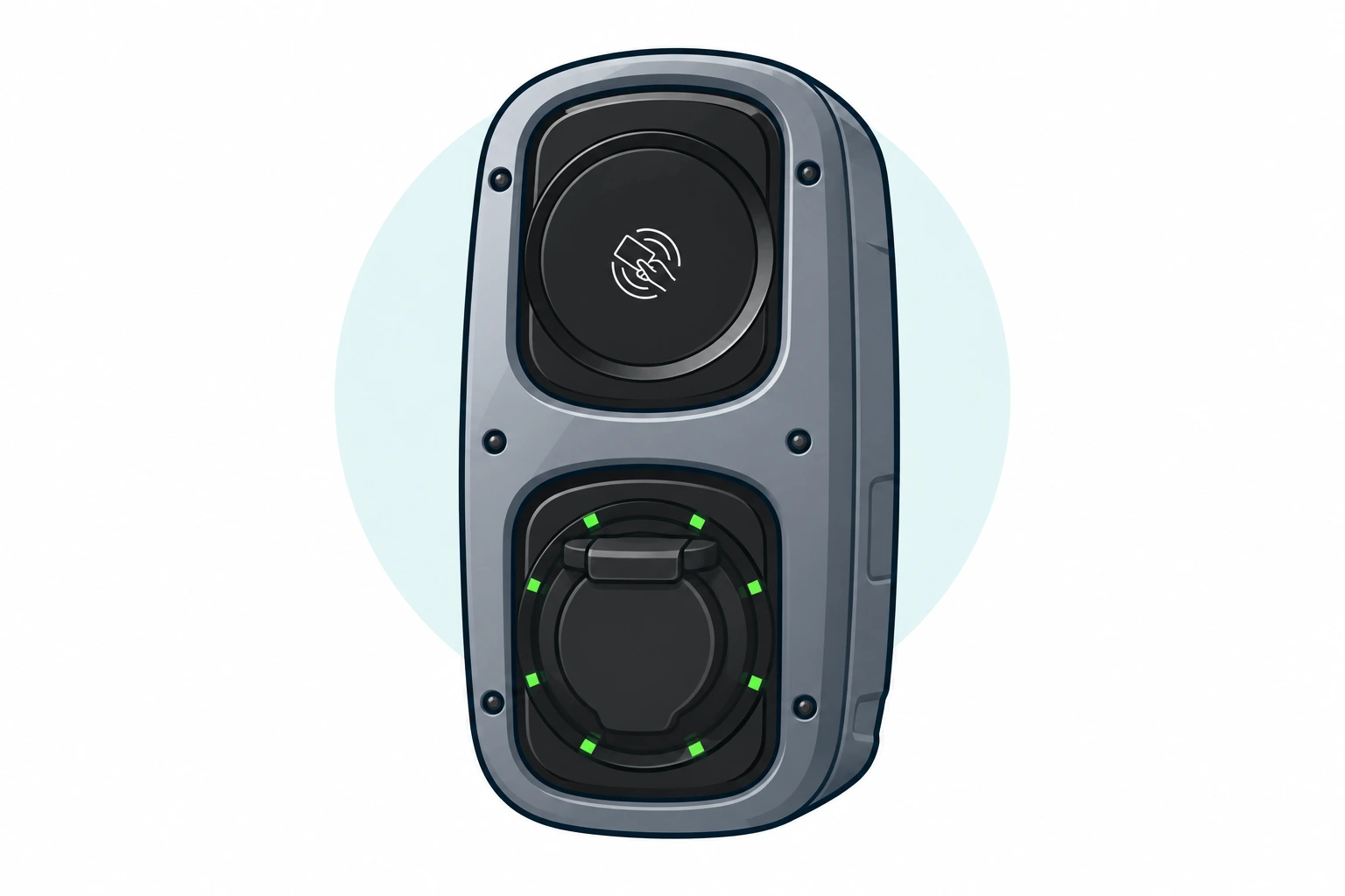 Illustration of the Rolec WALLPOD grey socketed charger with upper RFID panel