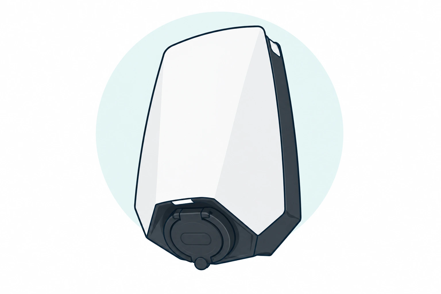 Illustration of the Seren white EV charger with its socket on the lower angled face
